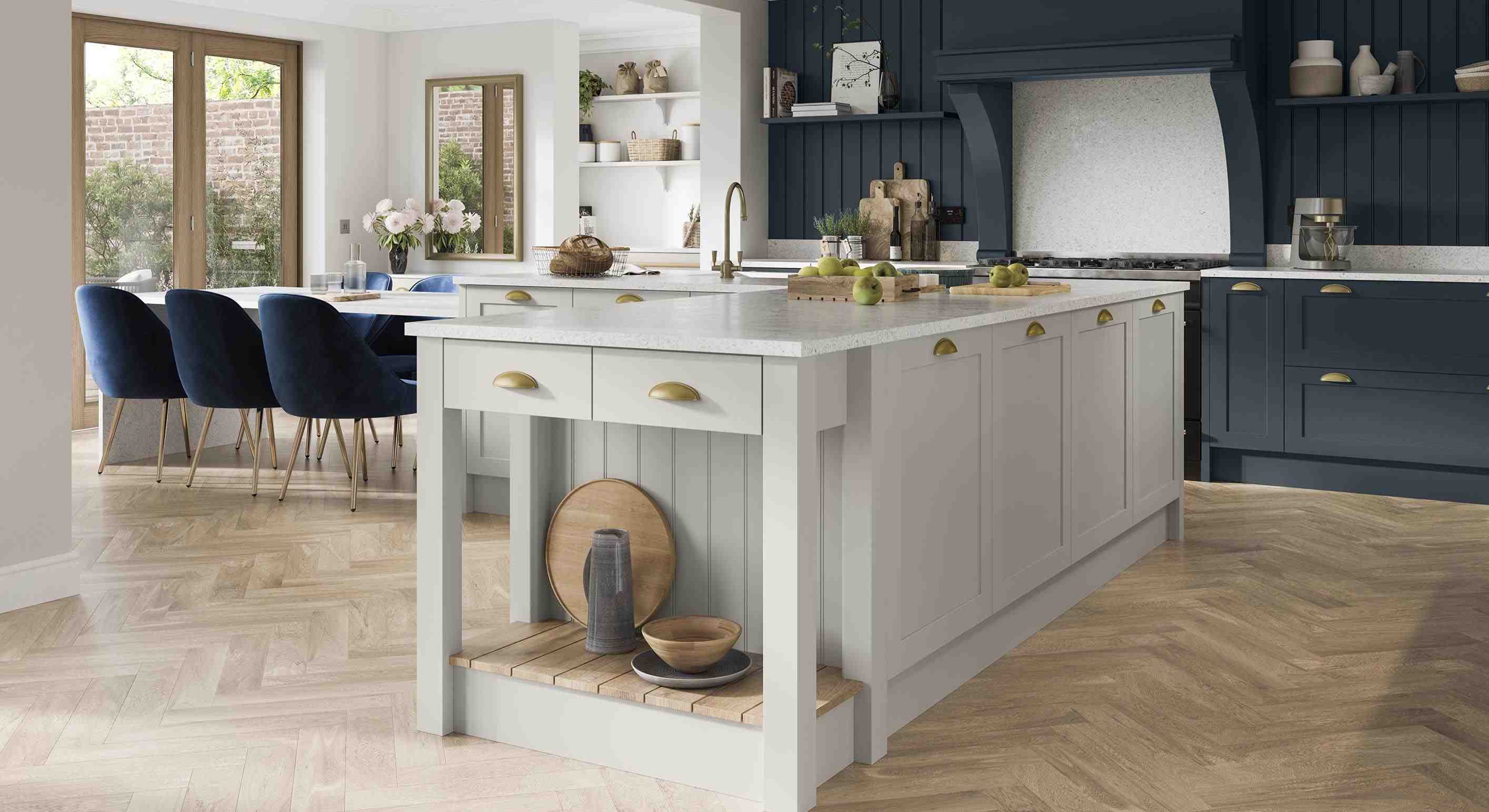 the simplistic, understated style of the clifden range offers ultimate versatility when it comes to devising the perfect kitchen space. its widespread appeal means it sits right at home in a country setting and fuses perfectly with contemporary elements such as the glazed patio doors and modern integrated seating area, resulting in a flawless, functional space.